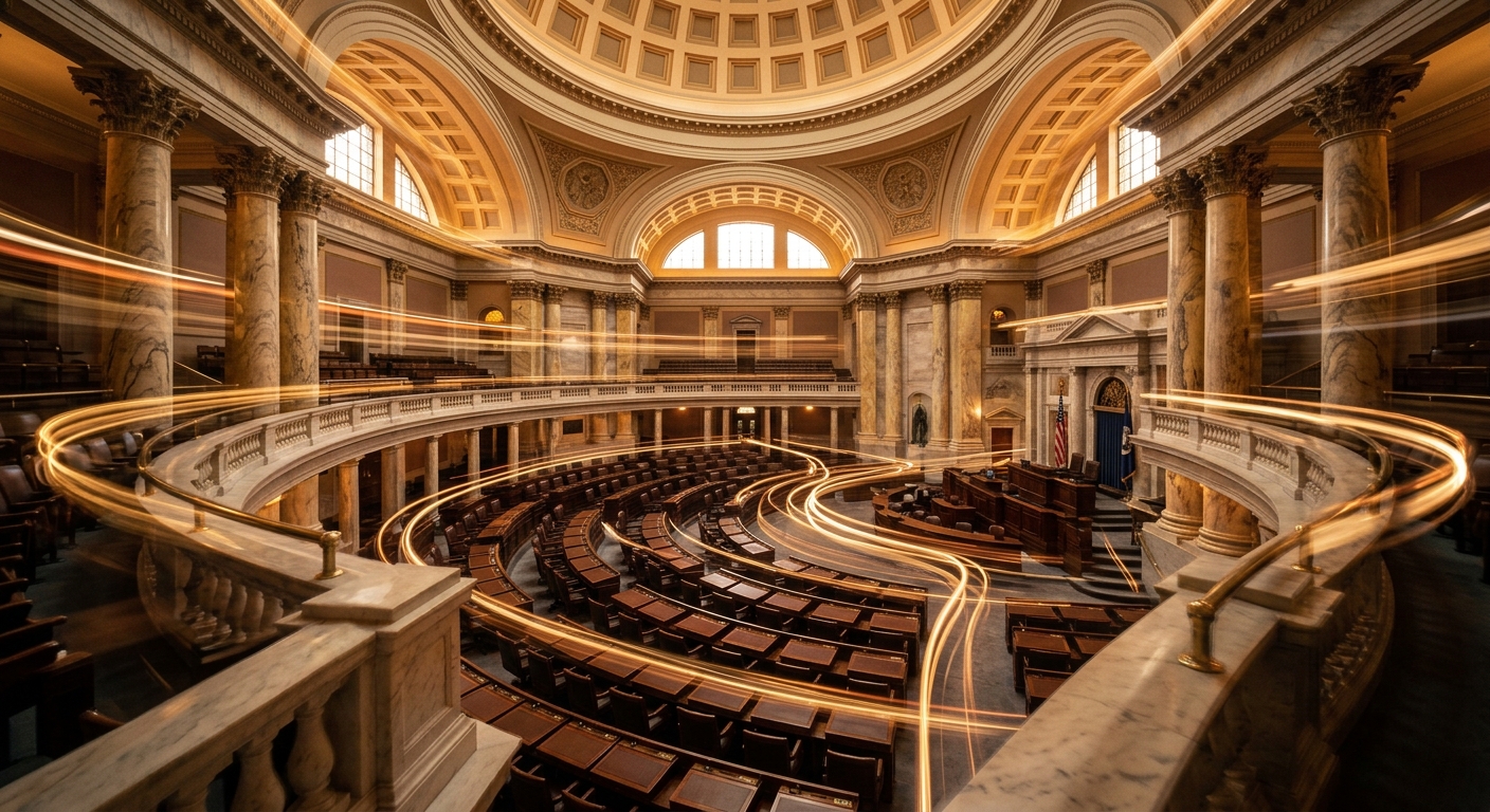 An interior view of a grand legislative chamber featuring ornate architecture and a circular seating arrangement.