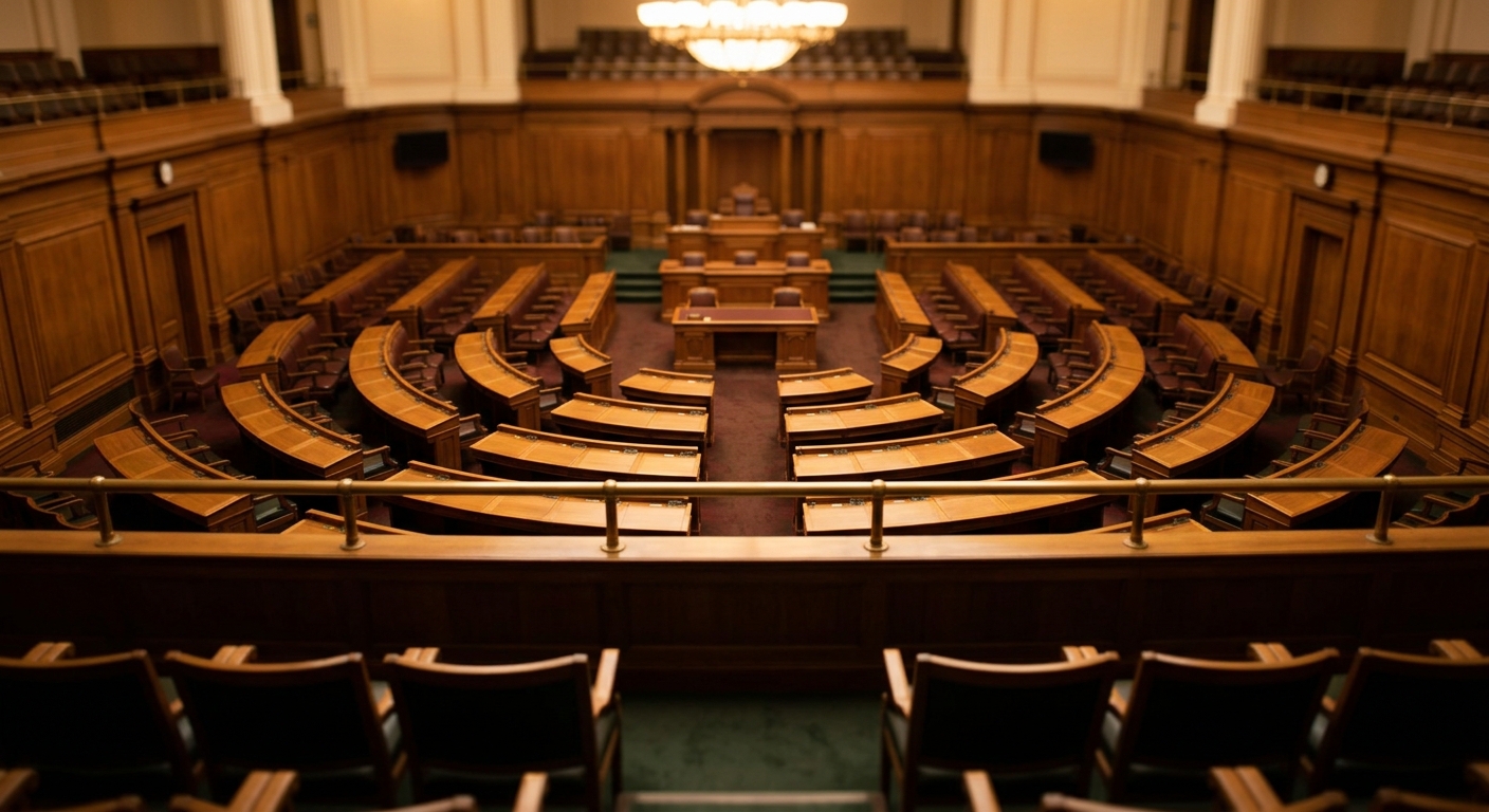 A view of an empty legislative chamber with wooden seating and a central podium.