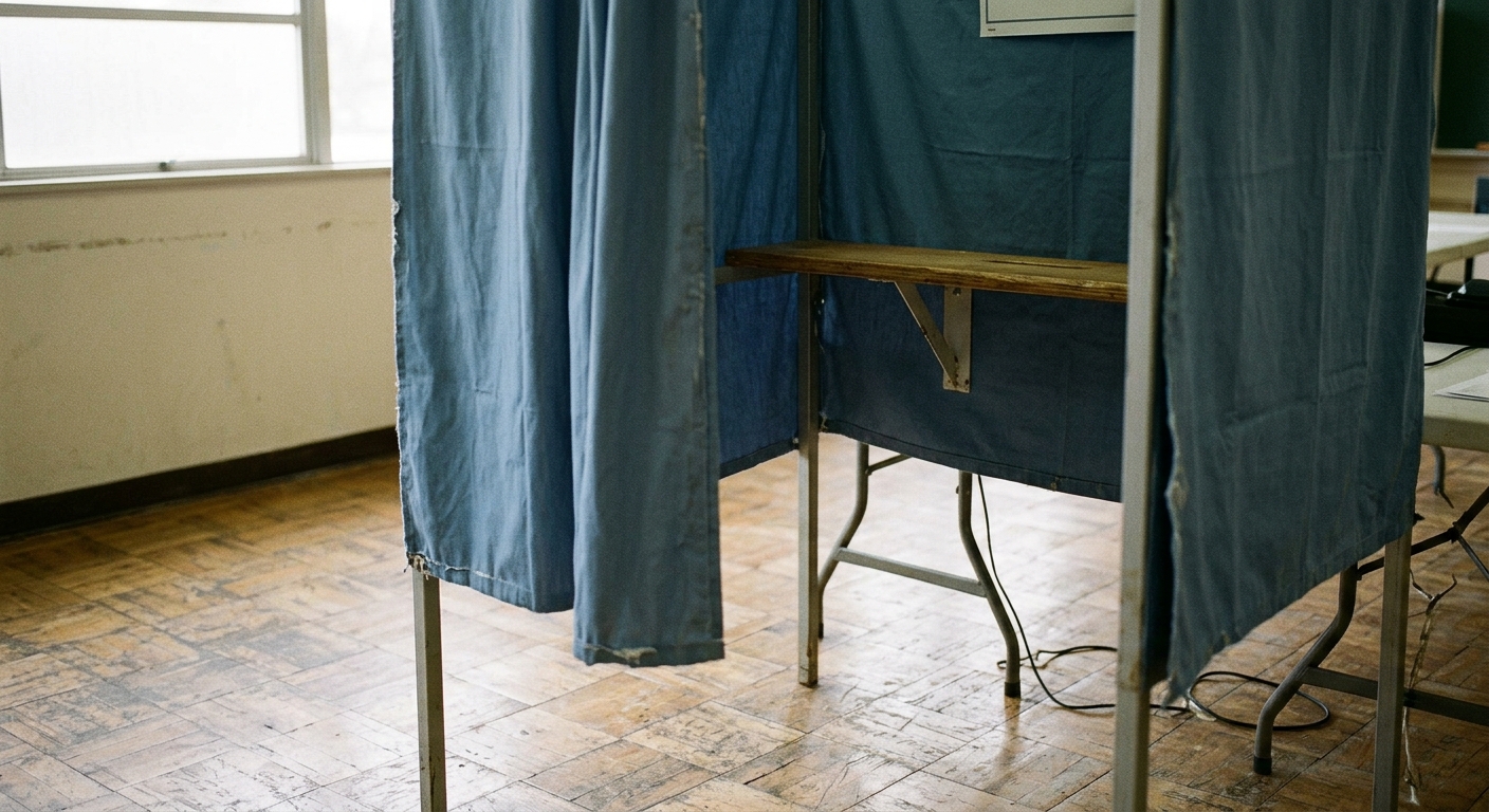 An empty voting booth with blue curtains in a room.