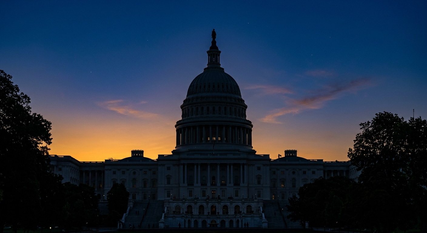 The silhouette of a large dome building against a colorful sunset sky.