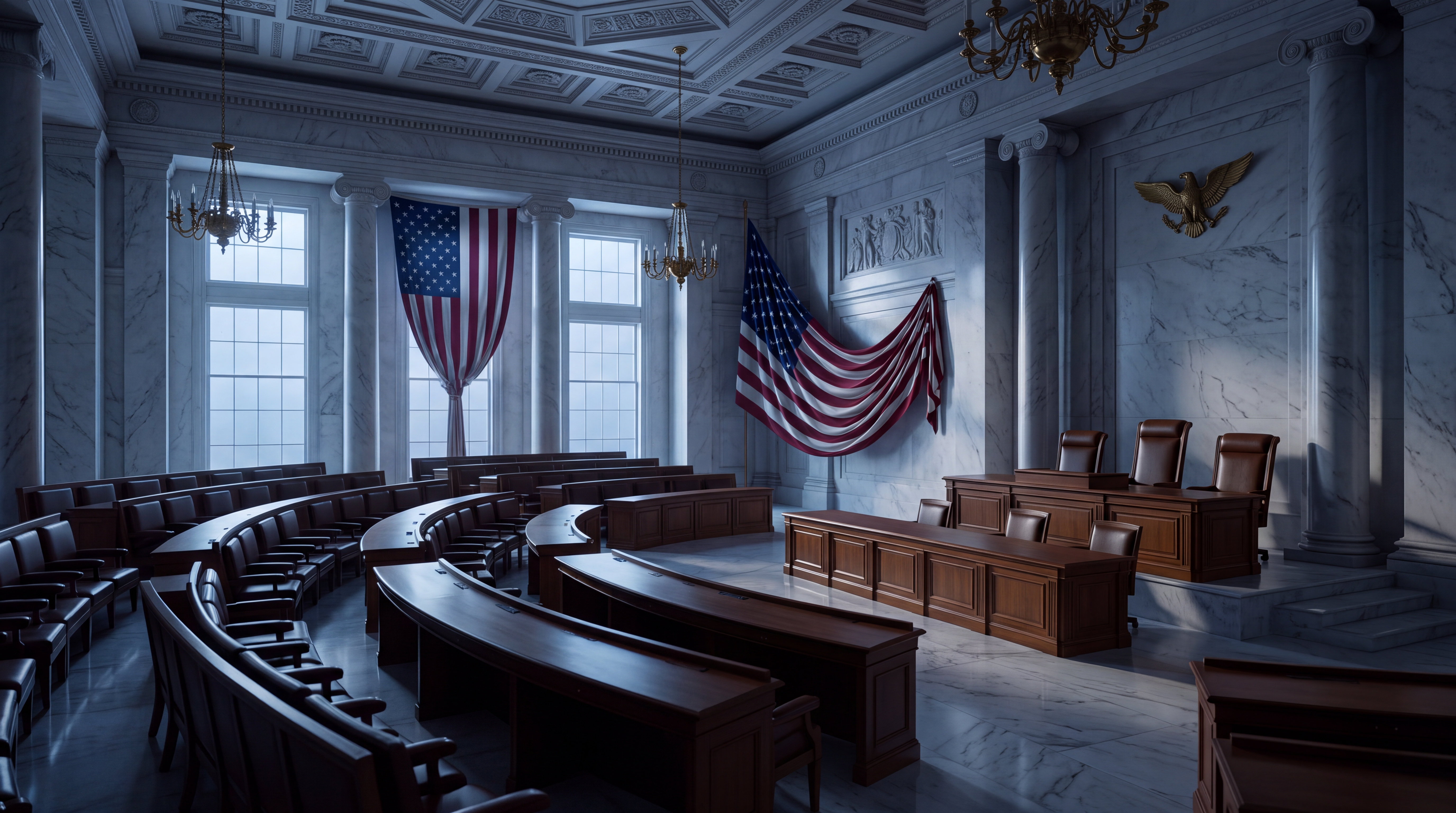 A grand legislative chamber featuring wooden seating, marble walls, and American flags.