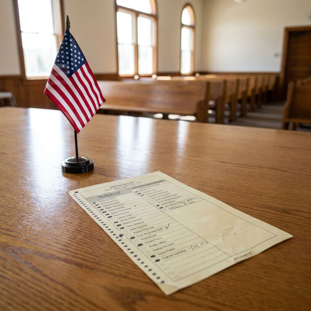 A small American flag is placed on a table next to a voting ballot in a room with wooden benches.