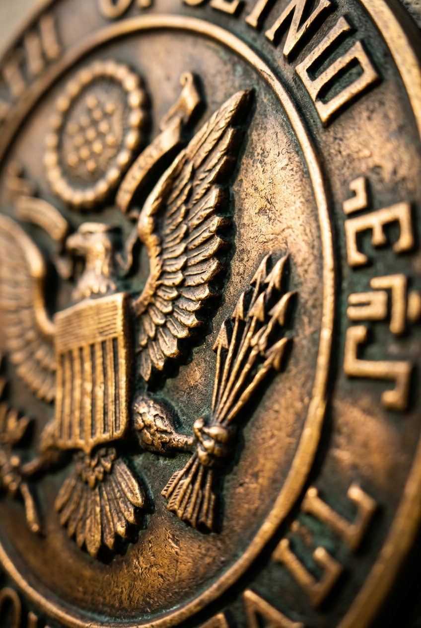 A close-up of a bronze seal featuring an eagle and arrows.
