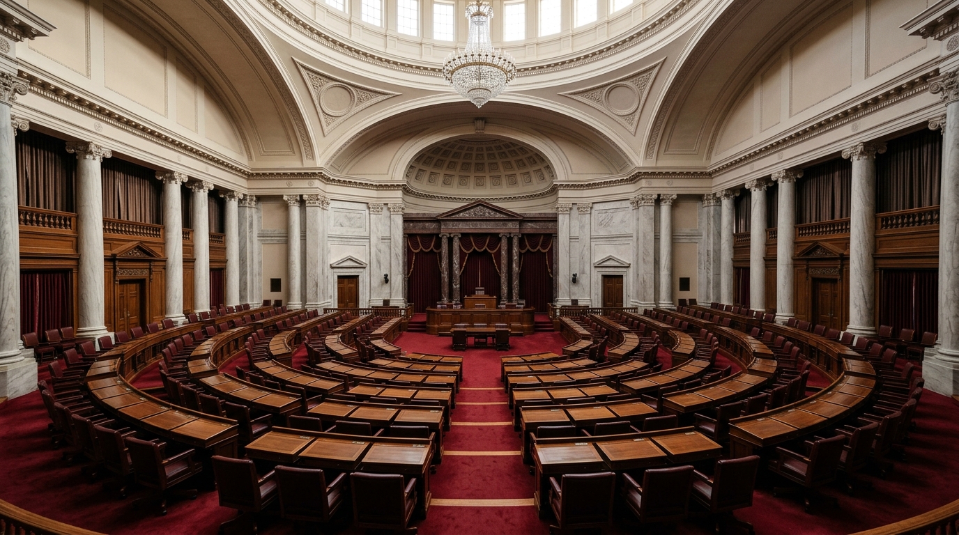 A grand legislative chamber with wooden desks arranged in a circular formation.