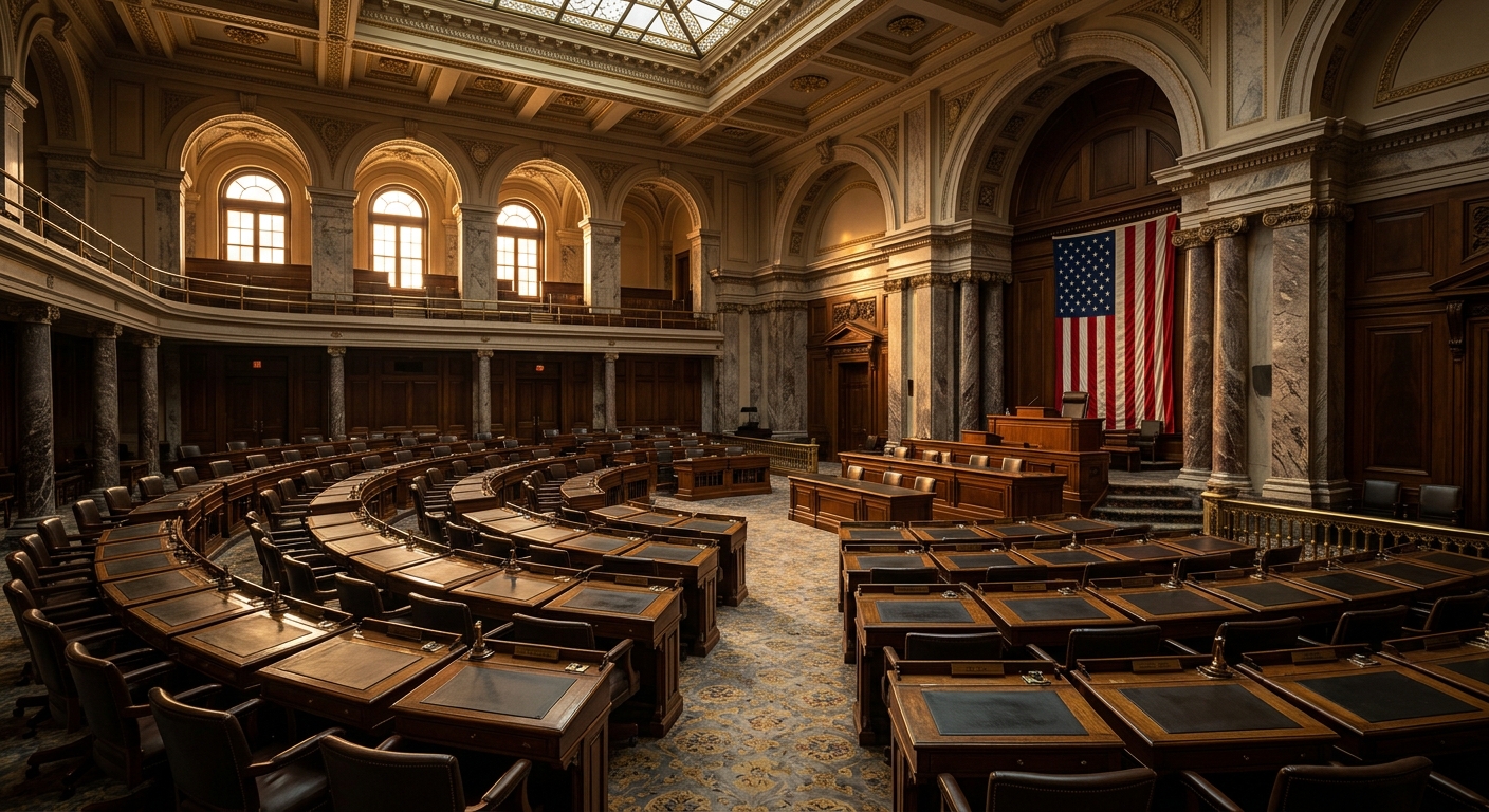 An empty legislative chamber with wooden seating and an American flag.