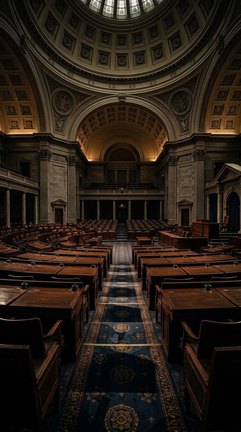 An interior view of a legislative chamber featuring rows of wooden desks and a domed ceiling.