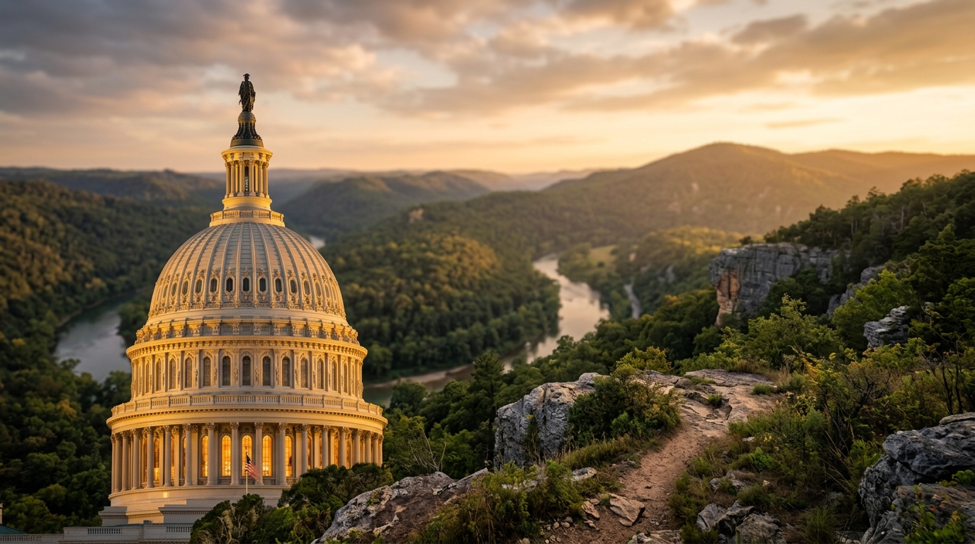 The image shows the U.S. Capitol building with a scenic landscape in the background during sunset.