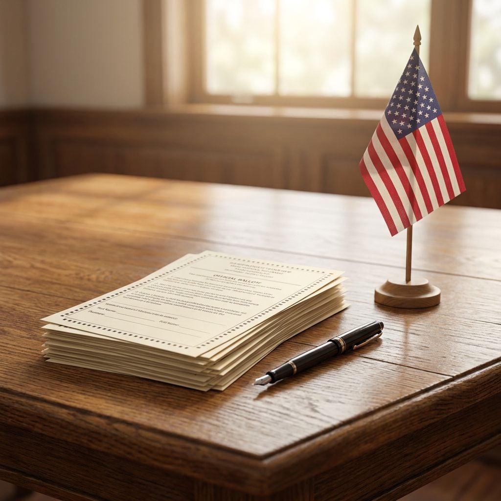 A stack of documents is placed on a wooden table next to a small American flag and a pen.