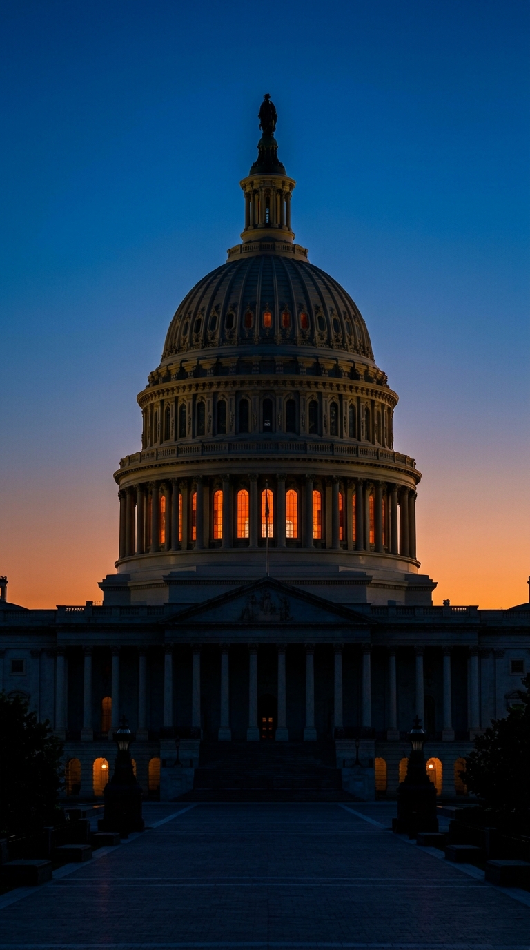 The image shows the silhouette of a large dome building at dusk with illuminated windows.