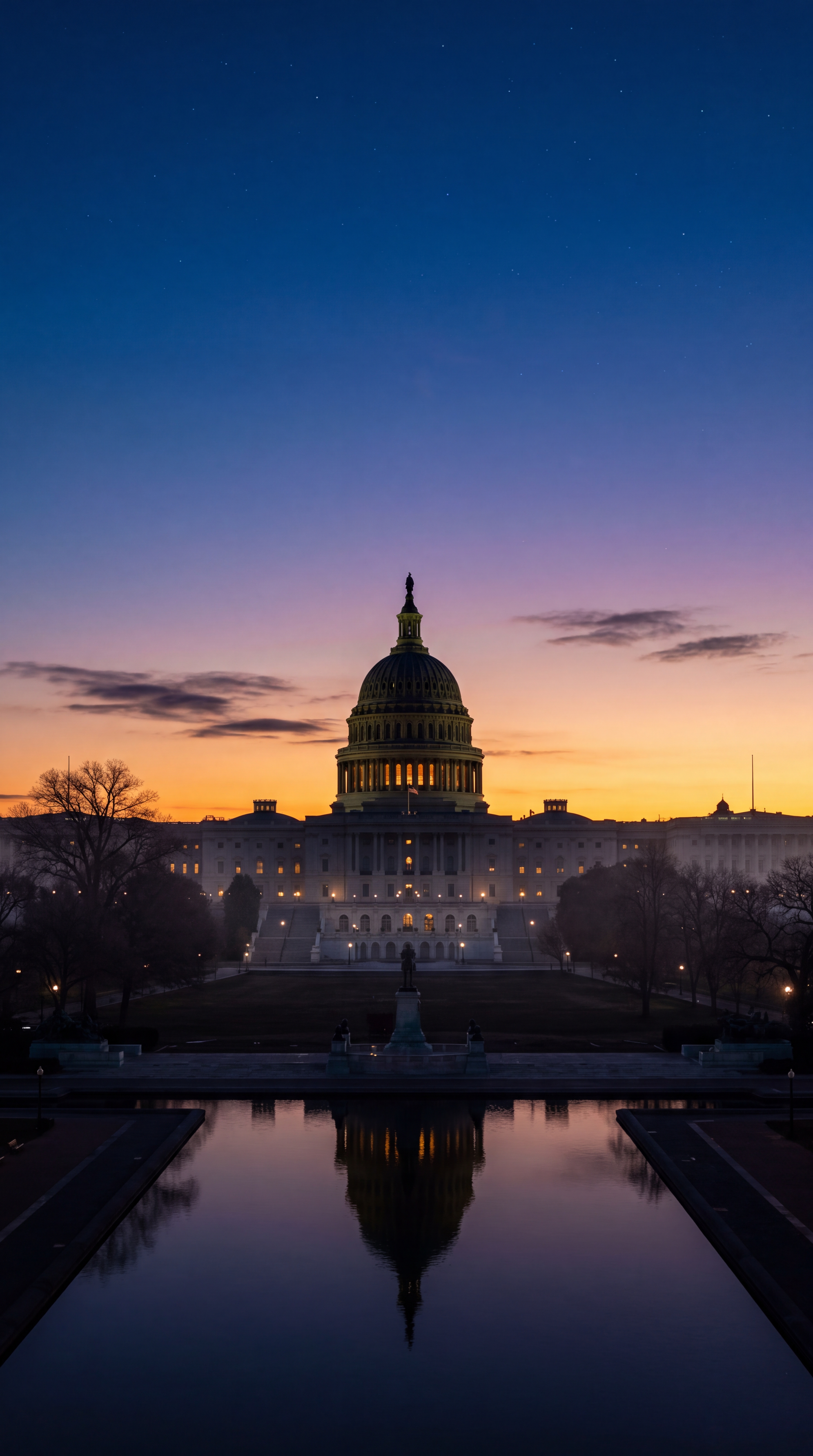 The image shows the U.S. Capitol building at sunrise, reflected in a body of water.