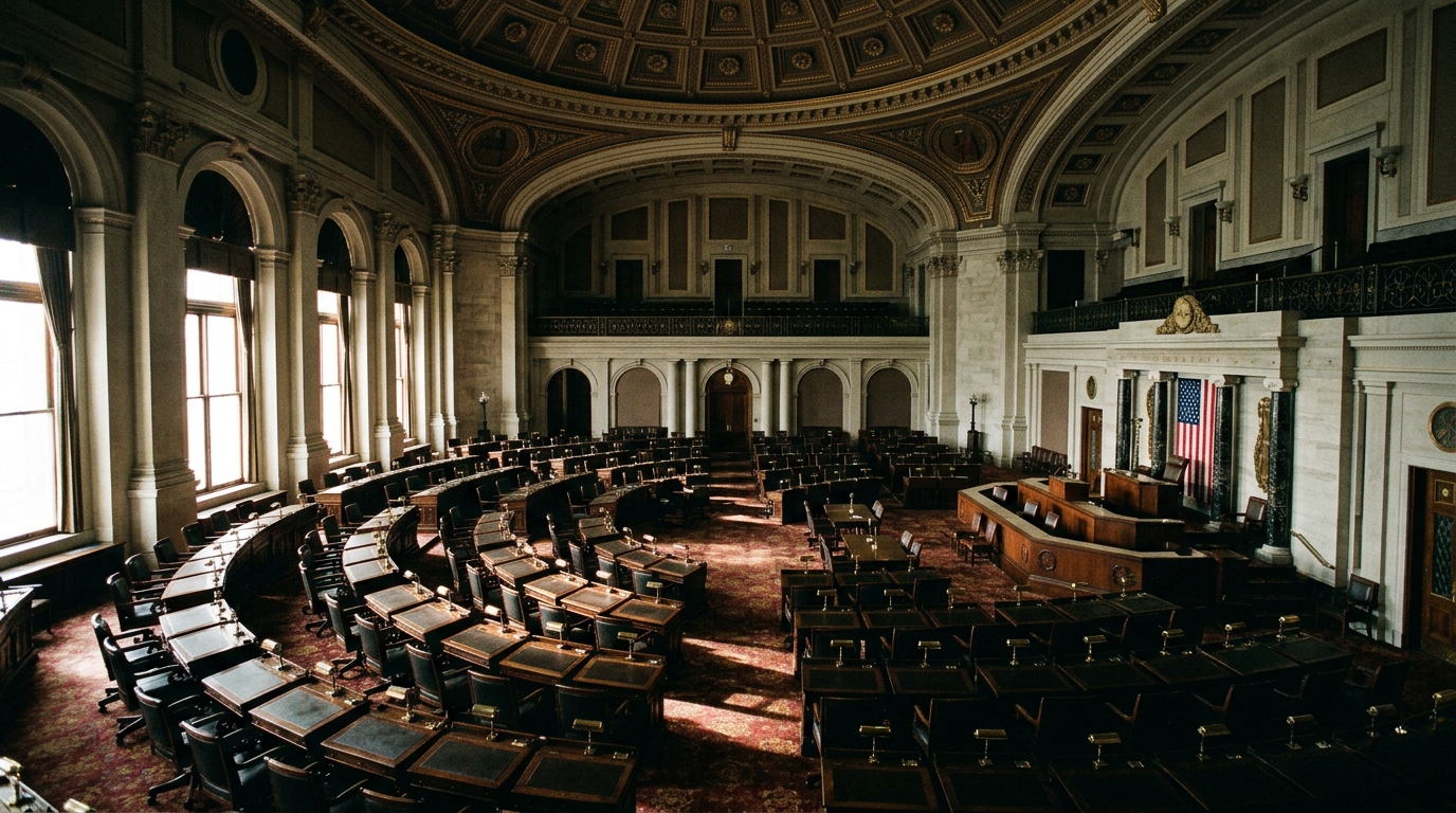 An interior view of a legislative chamber with rows of desks and a podium.