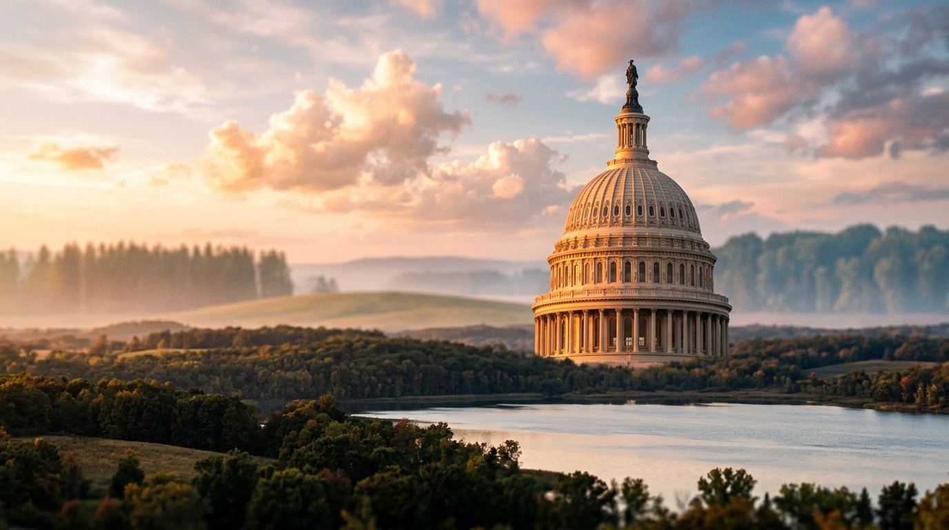 A view of the U.S. Capitol building surrounded by trees and water under a cloudy sky.
