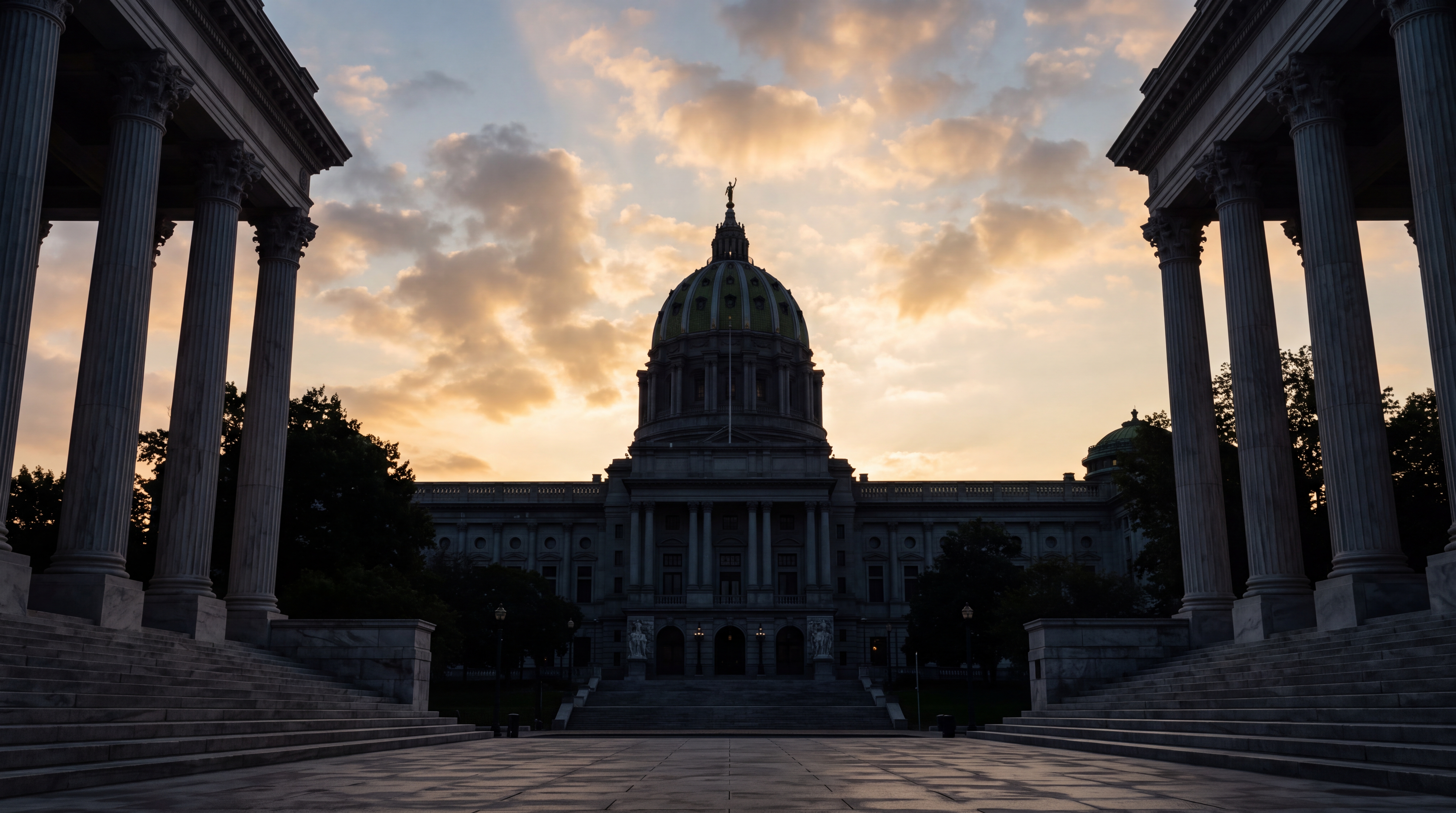A historic government building with a dome is silhouetted against a sunset sky.
