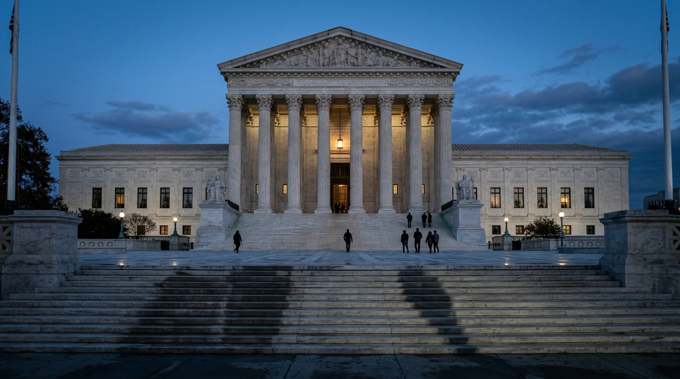 The image shows the exterior of a large neoclassical building with columns at dusk.