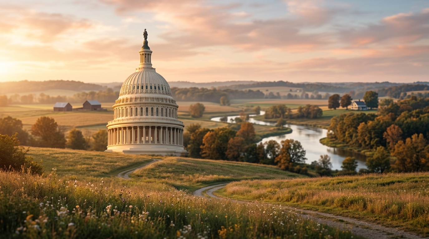 The image shows the U.S. Capitol building surrounded by a scenic landscape with a river and fields.
