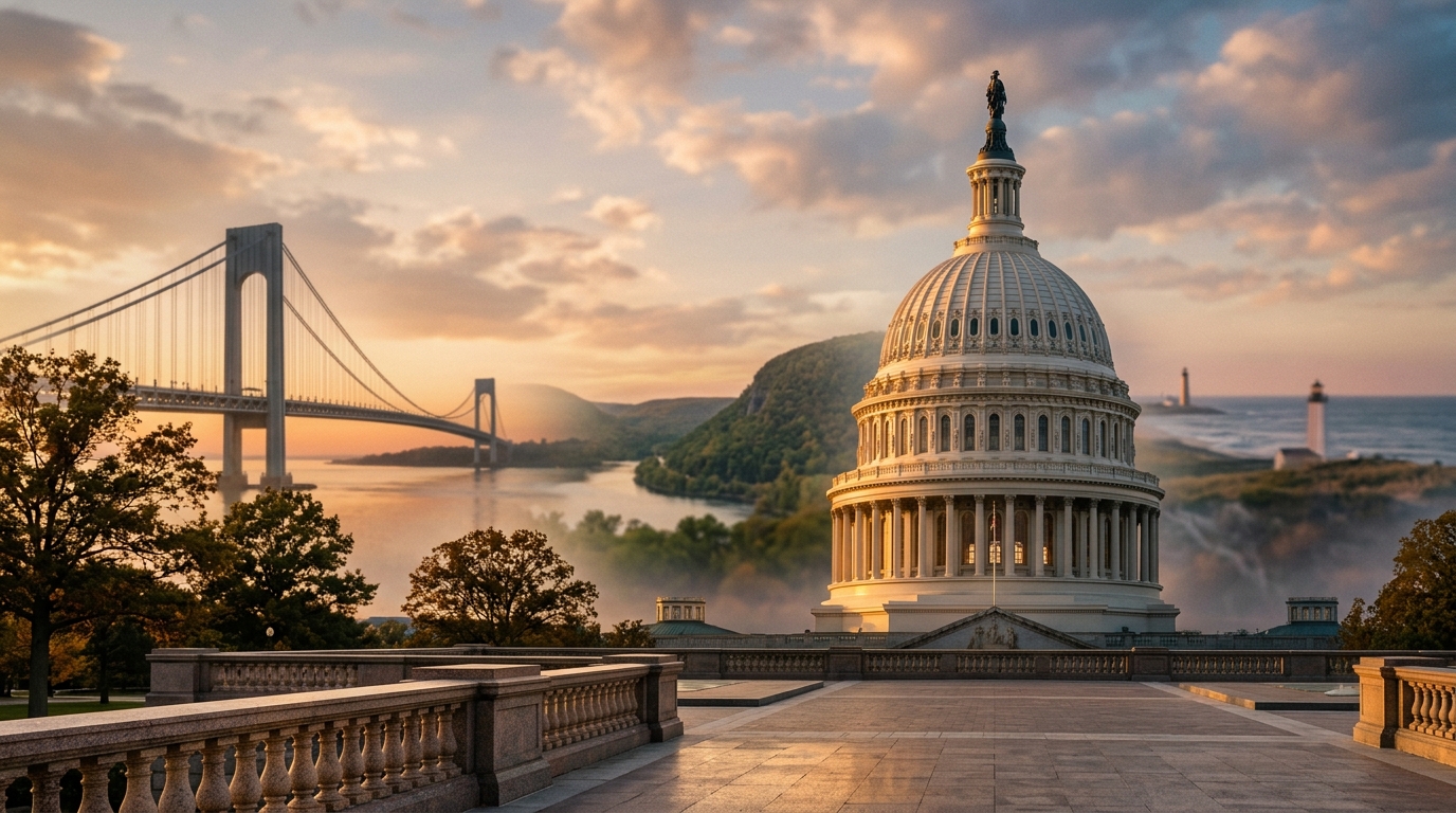 A view of the U.S. Capitol building with a bridge and landscape in the background during sunset.