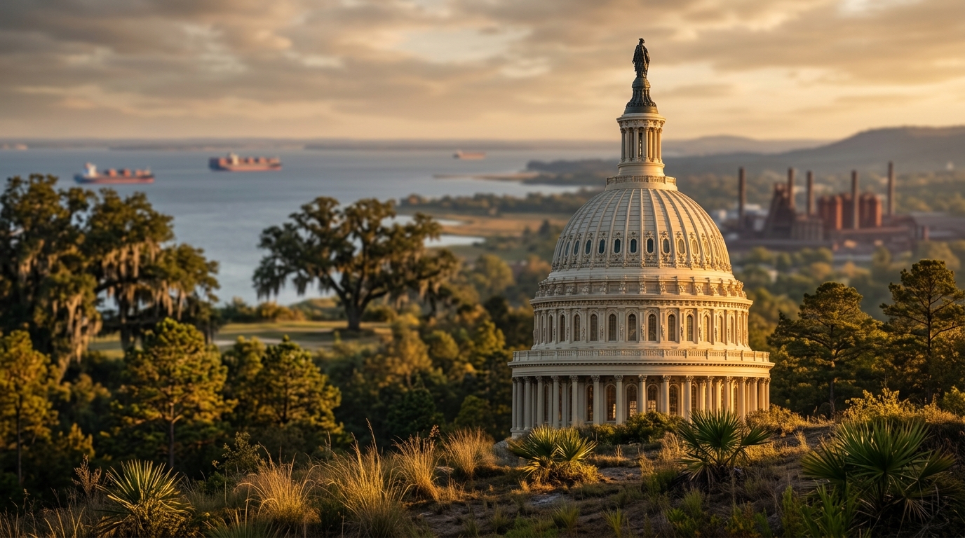 A view of a large dome structure surrounded by trees and water in the background.