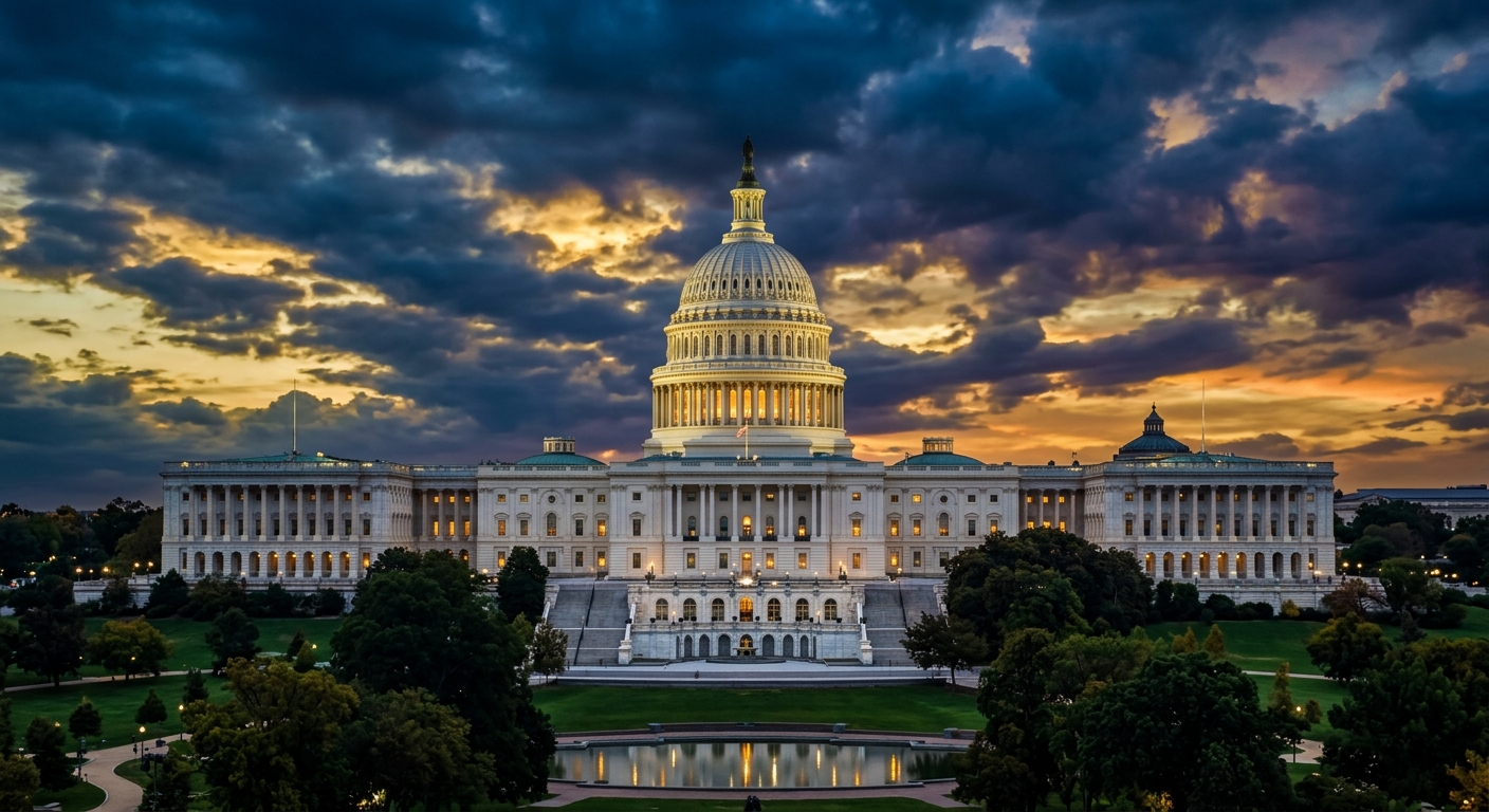 The image shows the United States Capitol building at sunset with dramatic clouds in the sky.