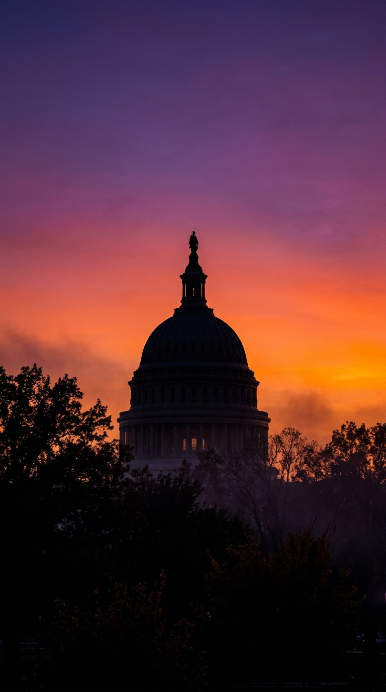 The silhouette of a dome structure against a colorful sunset sky.