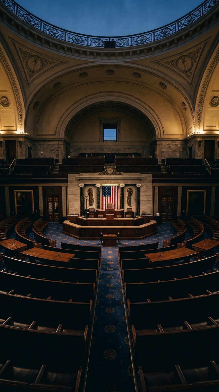 An interior view of a legislative chamber featuring an American flag and empty seating.