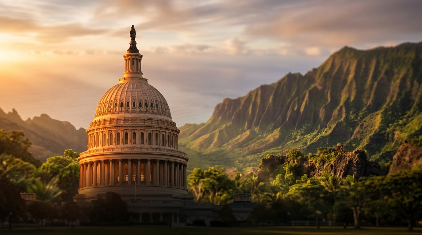 A large dome building is set against a backdrop of mountains during sunset.
