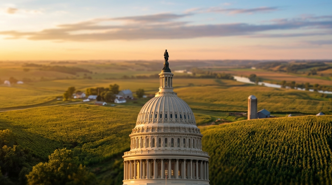 A view of the U.S. Capitol dome overlooking a rural landscape with fields and a river.