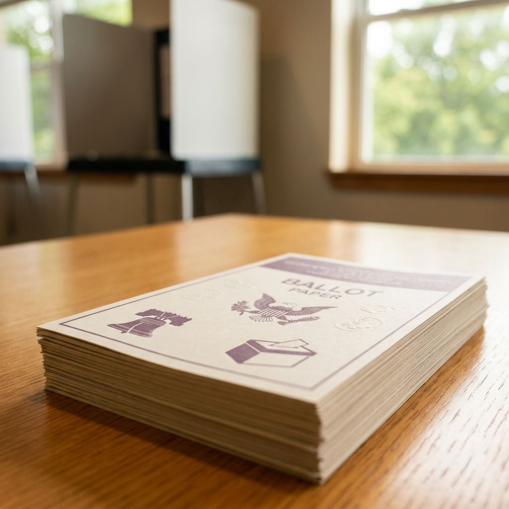 A stack of ballot papers is placed on a wooden table in a voting location.