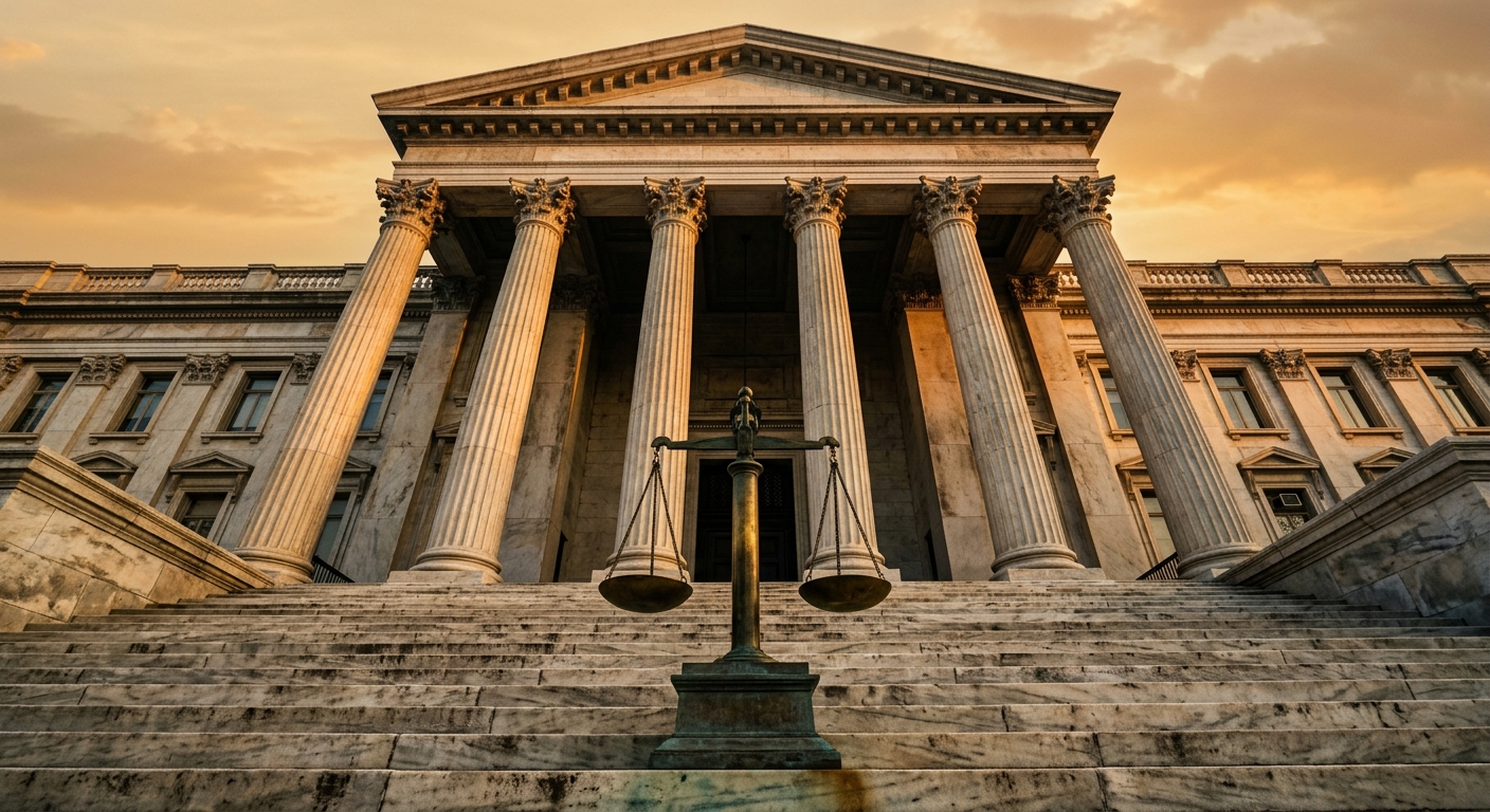 A grand building with large columns and a scale in front, symbolizing justice.