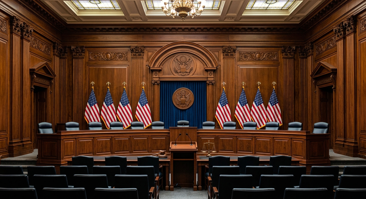 A courtroom setting featuring wooden paneling and multiple American flags.