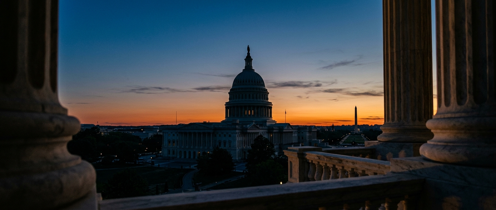 The image shows the U.S. Capitol building at sunset, framed by columns.