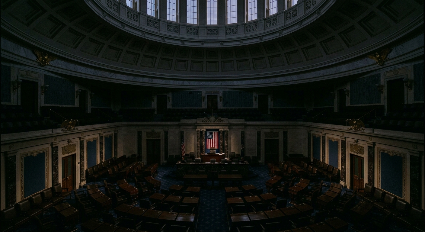 An empty legislative chamber with a large American flag displayed prominently.