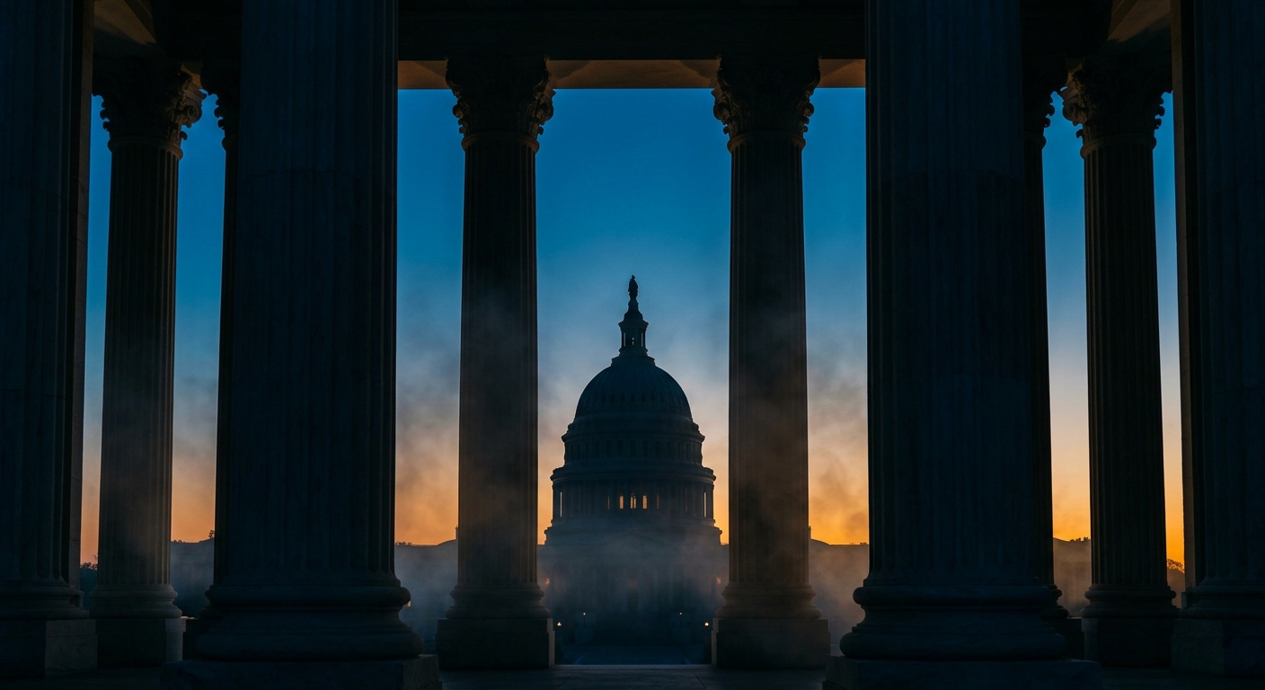 The image shows the silhouette of a dome building framed by columns at sunset.