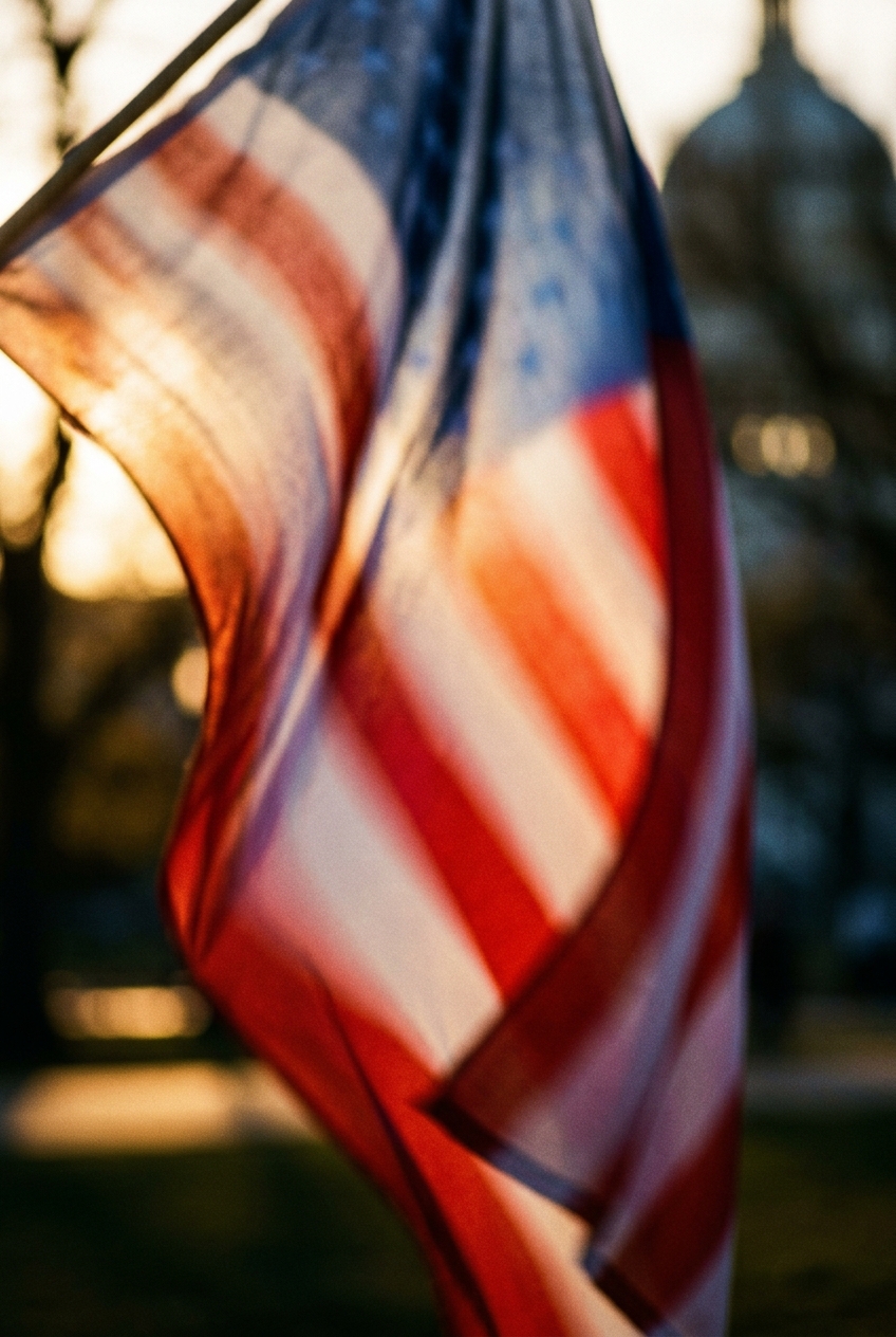 An American flag waving in the wind with a blurred background.