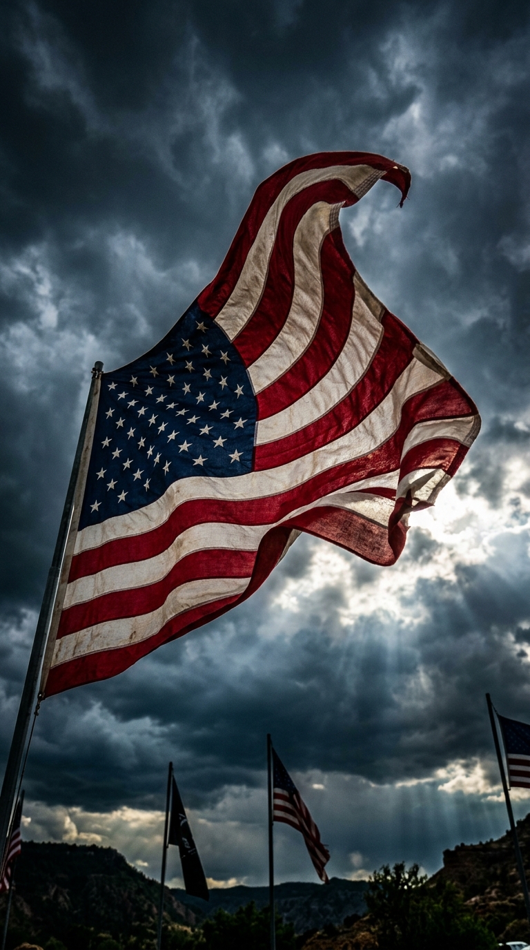 An American flag waves against a dramatic sky with clouds and sunlight breaking through.