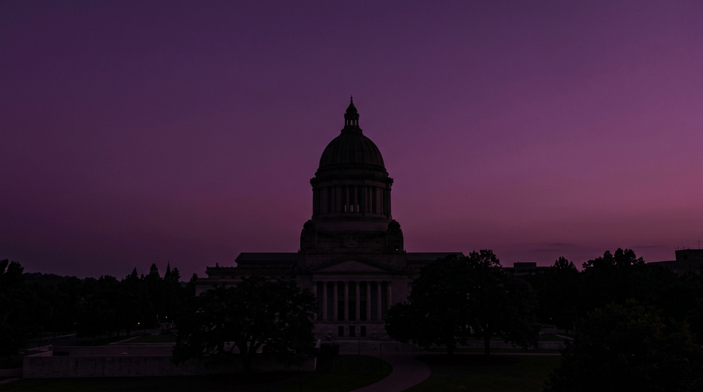 A silhouette of a capitol building against a purple twilight sky.
