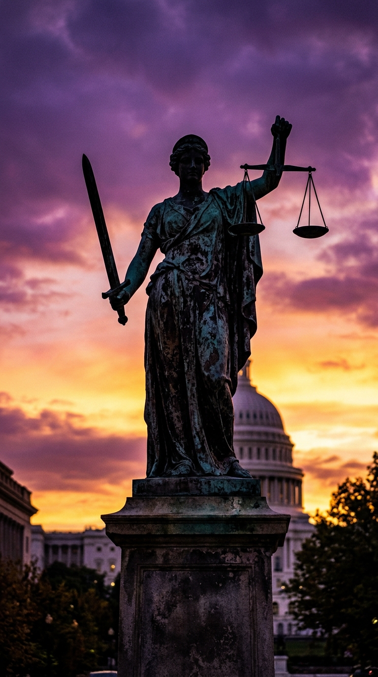 A statue of Lady Justice holding scales and a sword against a sunset backdrop with a government building in the background.