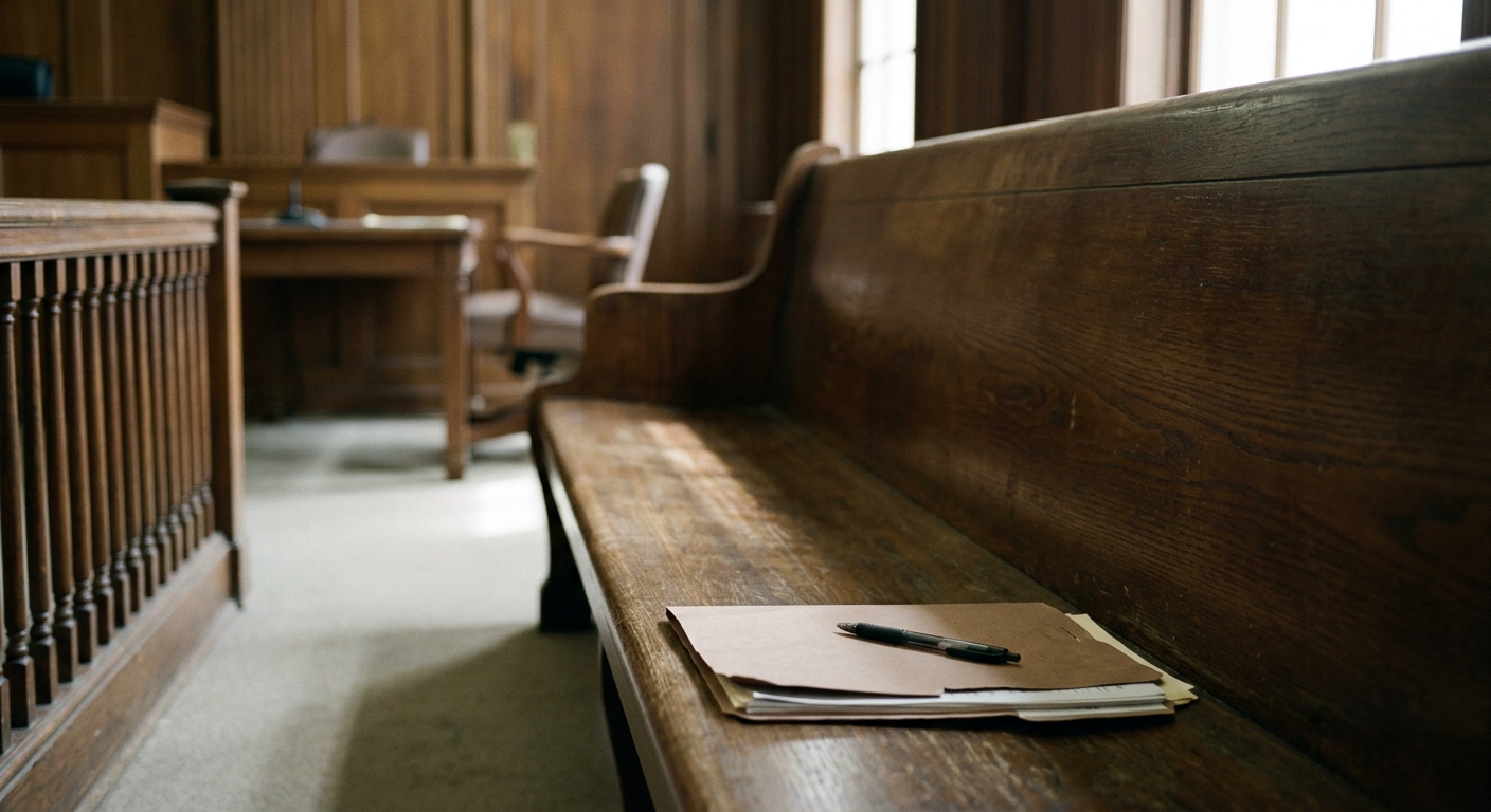 A wooden bench in a courtroom with a folder and pen resting on it.