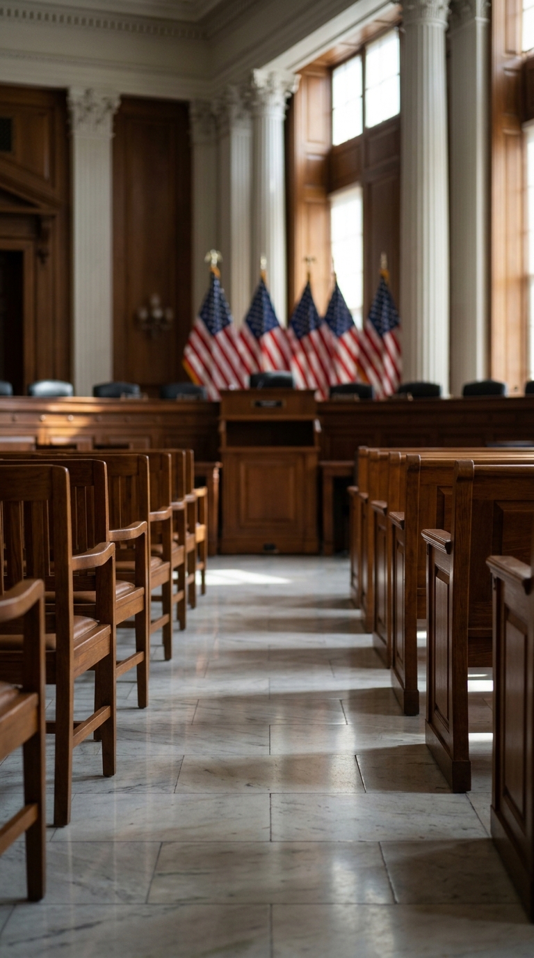 A view of a courtroom with wooden chairs and American flags in the background.