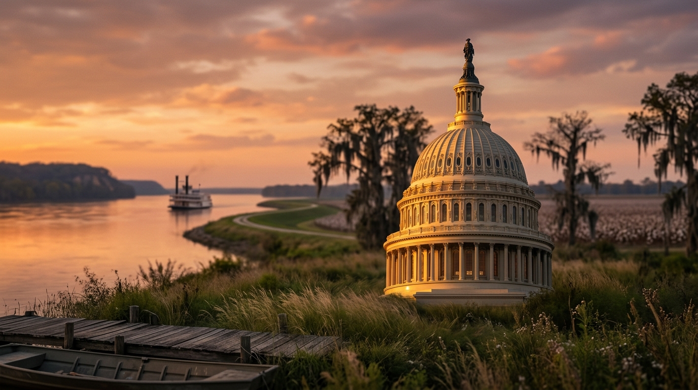 A miniature replica of the U.S. Capitol building is situated by a river at sunset.