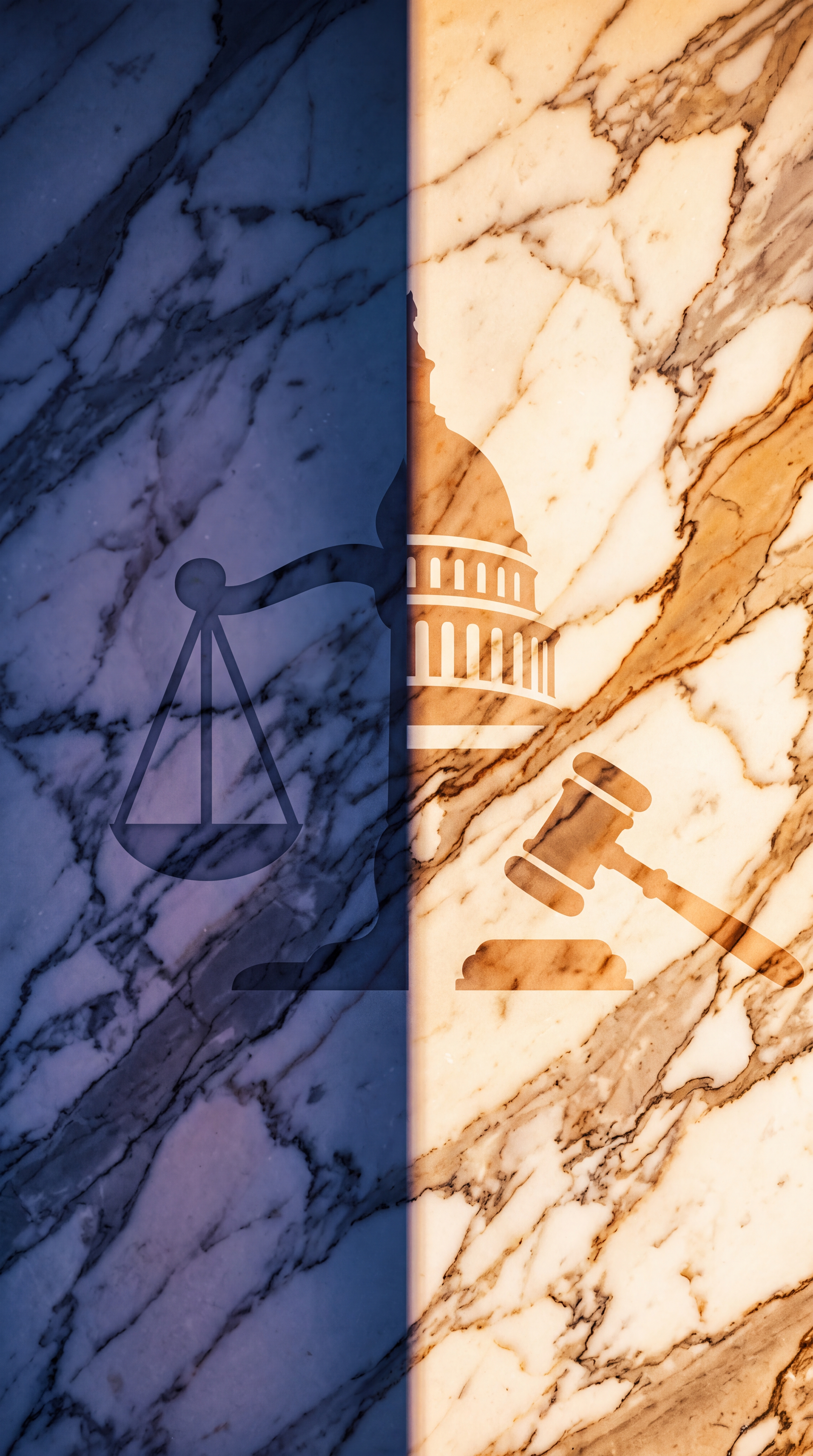 A marble surface with shadows of a gavel and a scale of justice alongside a dome structure.