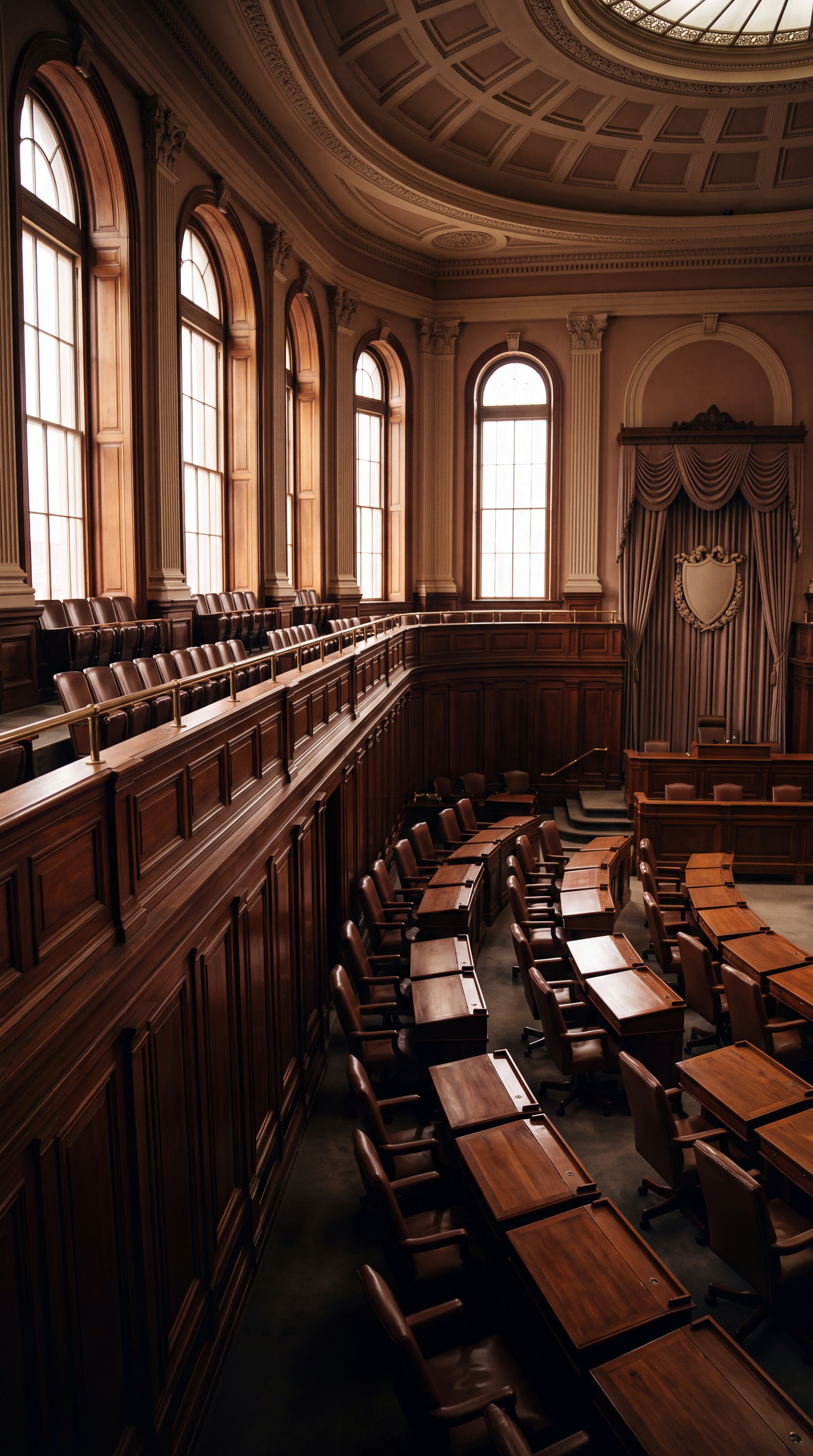 A wooden interior of a legislative chamber with rows of desks and large windows.