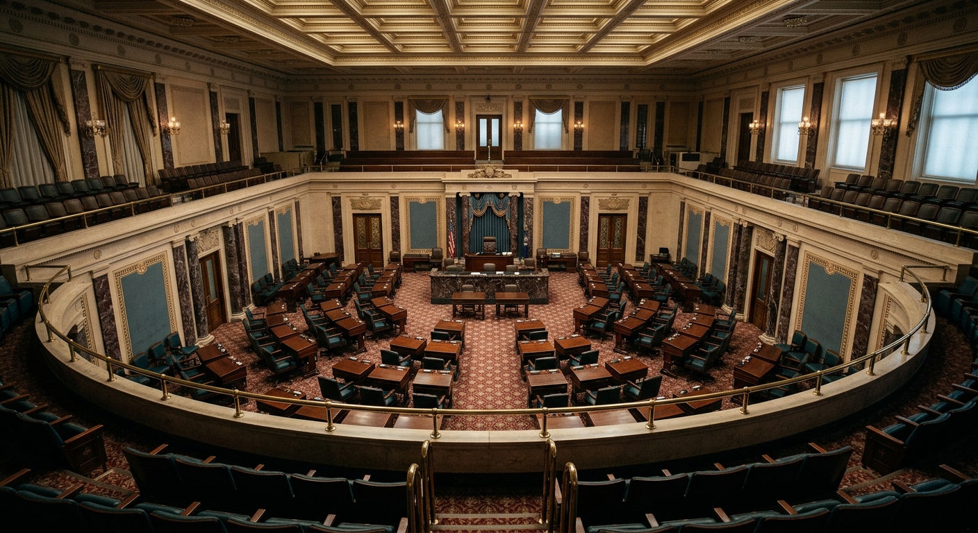An interior view of a legislative chamber with rows of seats and a central podium.