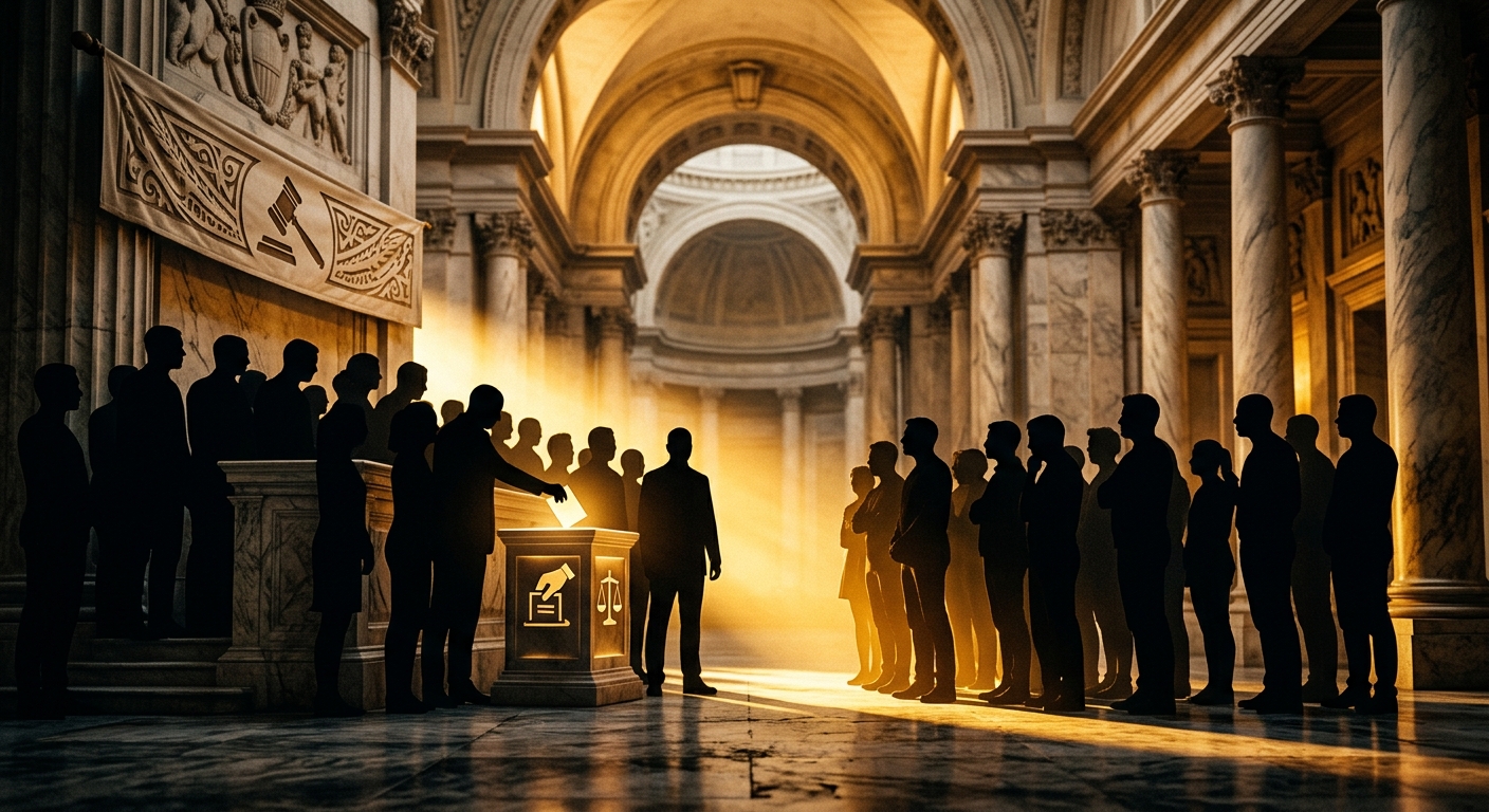 A group of silhouetted figures gathered in a grand hall illuminated by soft light.