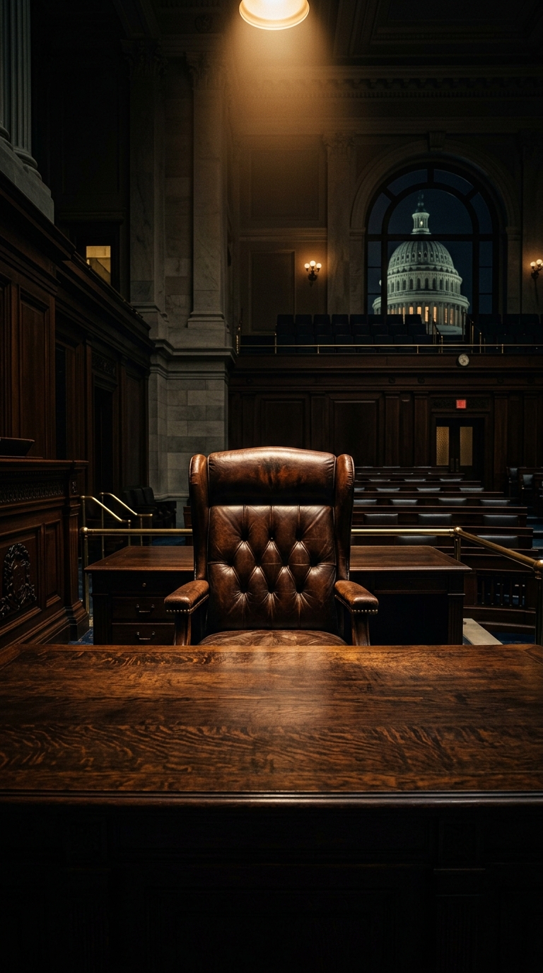 A wooden desk and leather chair are positioned in a dimly lit room with a view of a dome structure in the background.