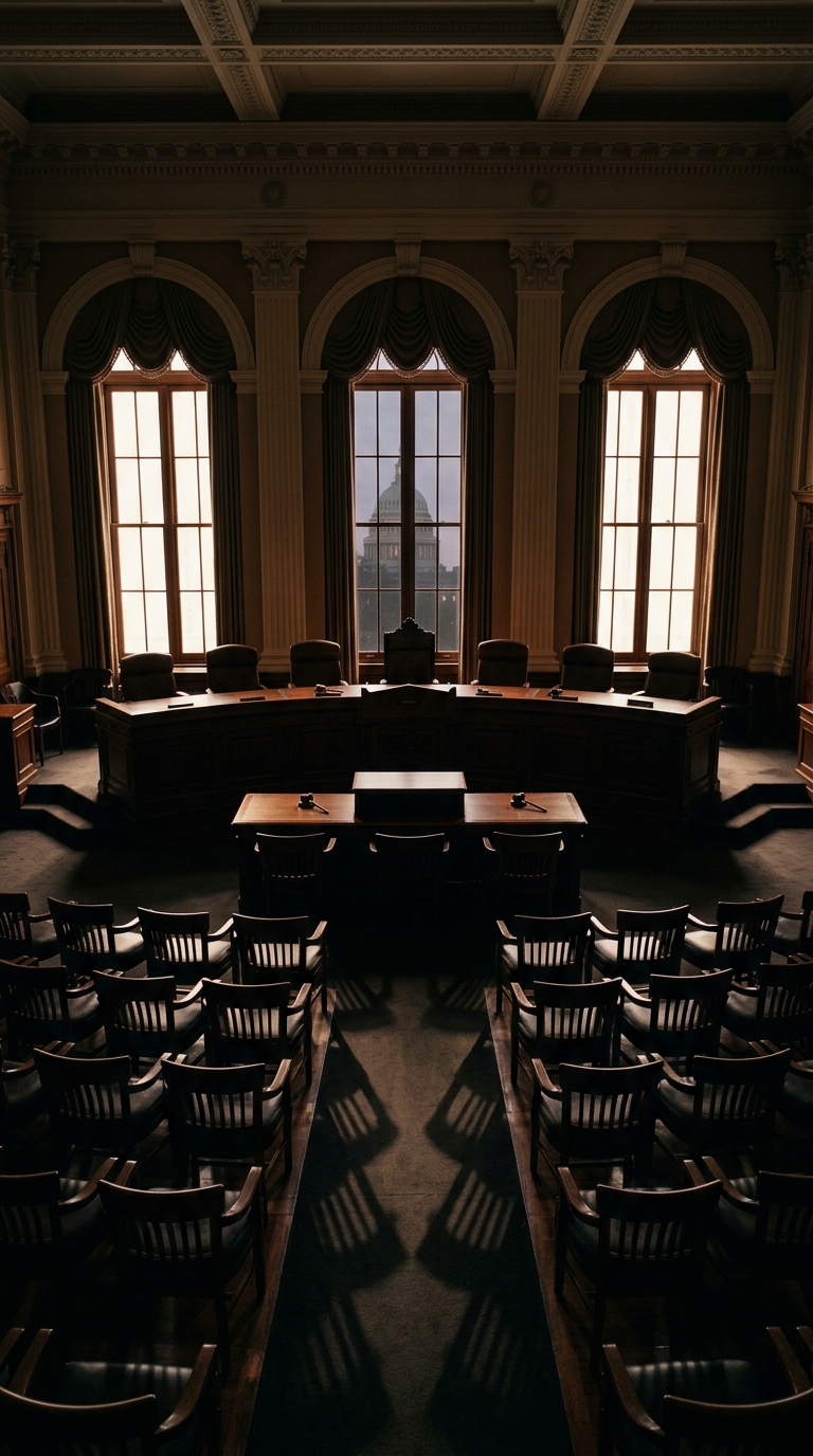 A view of an empty legislative chamber with rows of wooden chairs and large windows.