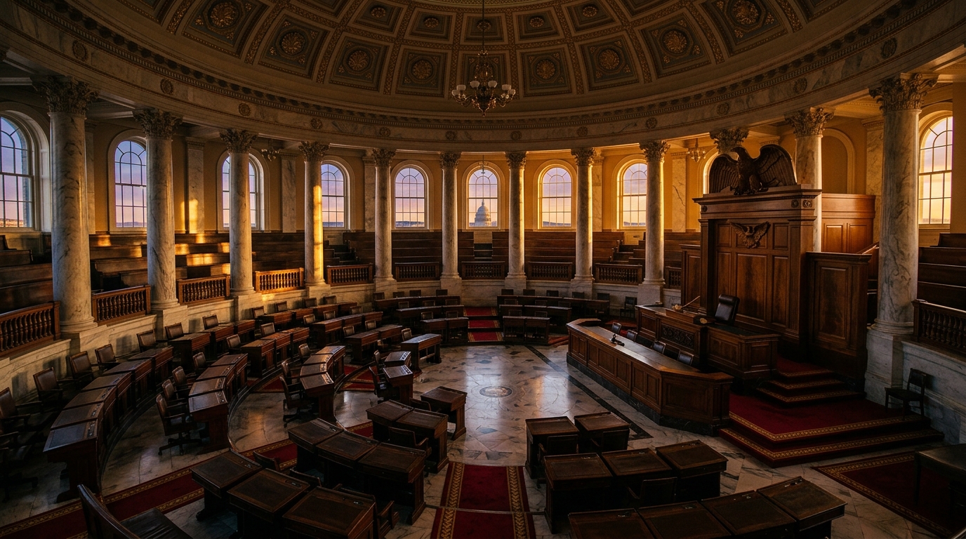 A historic legislative chamber with wooden seating and large windows allowing natural light.
