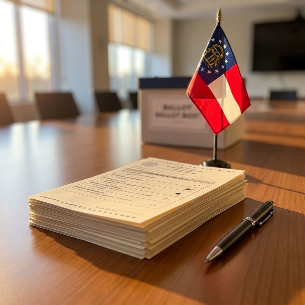 A stack of ballots and a pen are placed on a conference table next to a small flag.