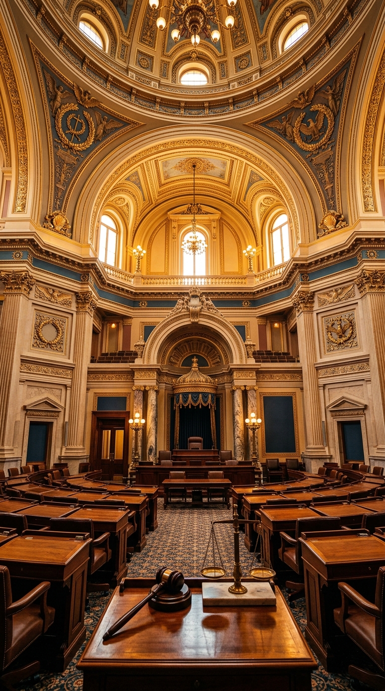 An ornate legislative chamber with wooden desks and a large dome ceiling.