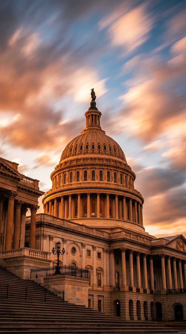 The image shows the United States Capitol building at sunset with dramatic clouds in the sky.