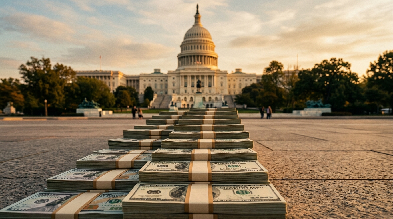 A stack of money is placed in front of the U.S. Capitol building.